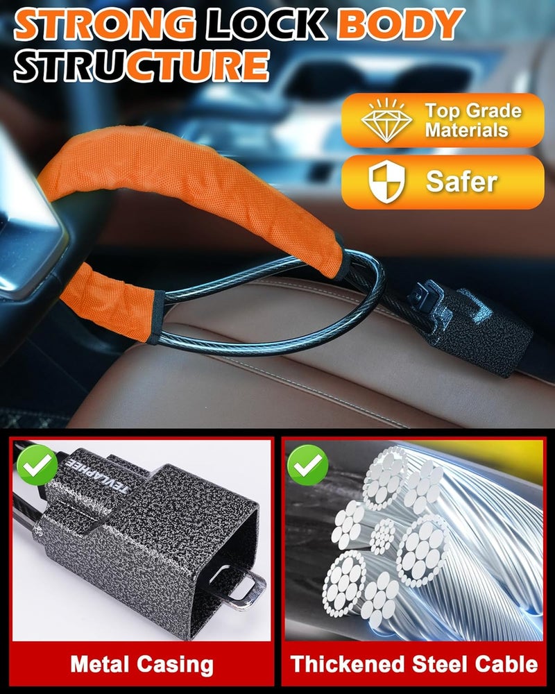 Tevlaphee Steering Wheel Lock Seat Belt Lock Universal Anti Theft Car Device Car Lock Car Theft Prevention with 3 Keys for Car Security Fit Most Vehicles Truck SUV Van (Orange) - Image 5